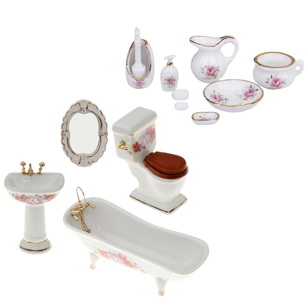1/12 Dollhouse Bathroom Accessory Floral Ceramic Closestool Bathtub Sink Set
