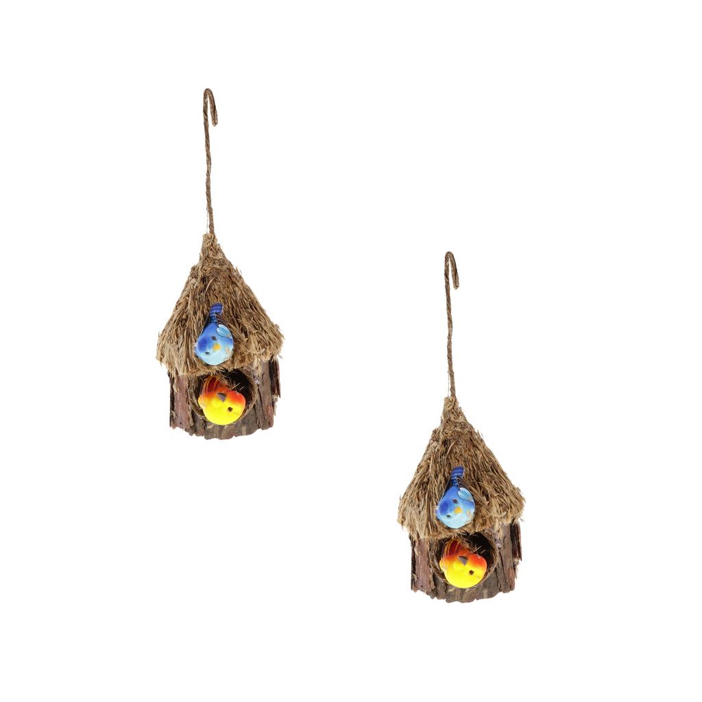 2xHandmade Bark Hanging Bird Nest House Hatch Breeding Grass Cave B