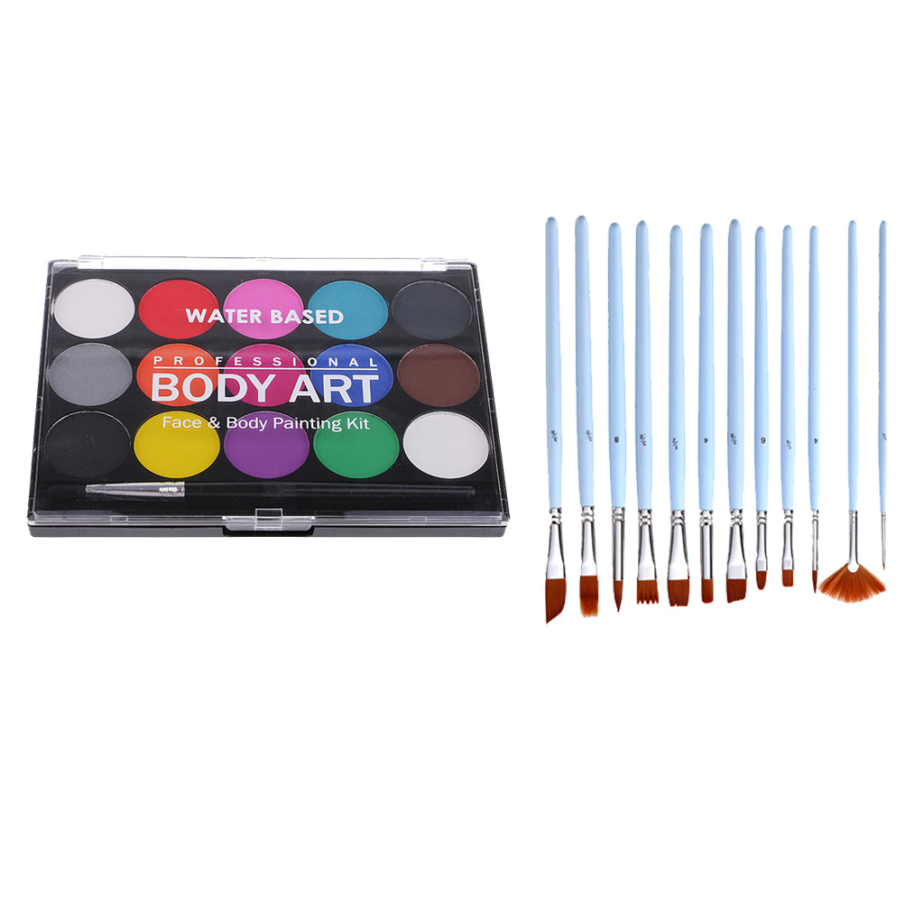 15 Colors Face&Body Paint Non-toxic Painting Brushes Fancy Party Make Up DIY