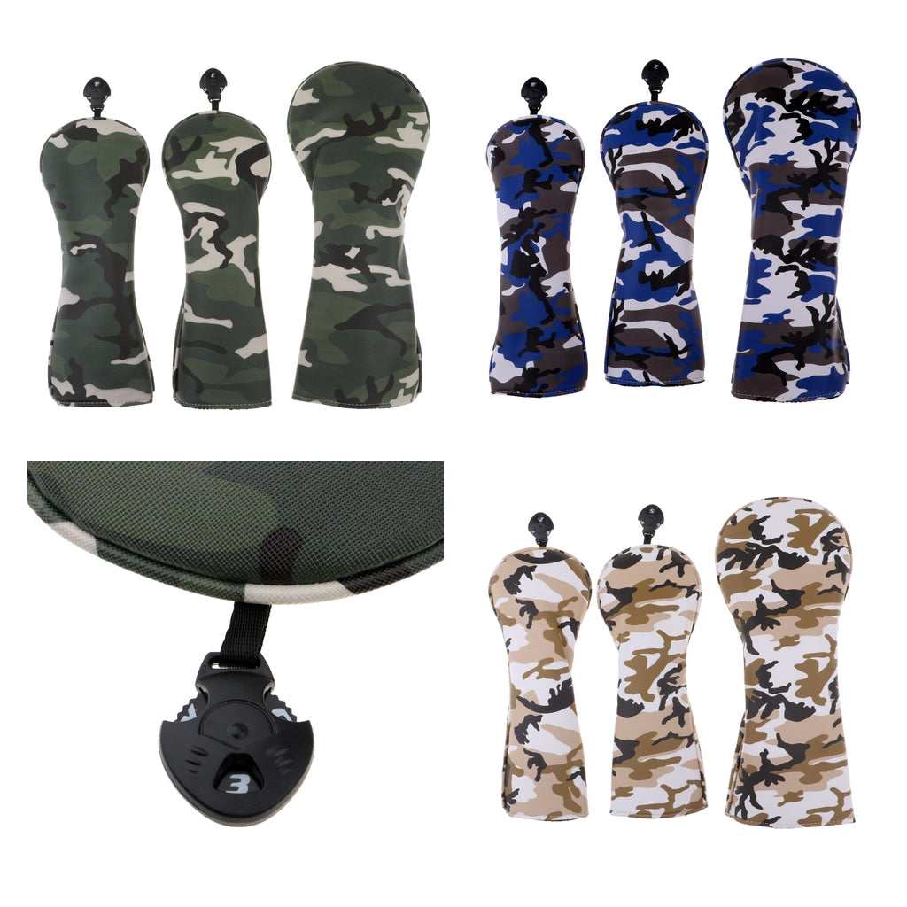3 Set 9 Pieces Sports Golf Club Headcover 460cc Driver Wood Head Covers Camo
