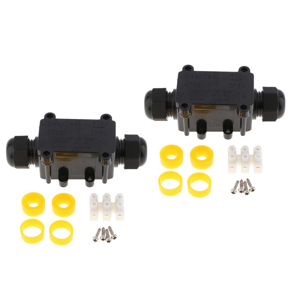 2Set Waterproof IP68 Cable Wire Connector Electrical 2Way Junction Box Black