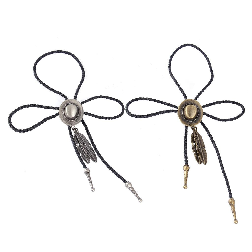 2 Pieces Black PU Leather Western Cowboy Rodeo Hat Bolo Tie Bola Necklace