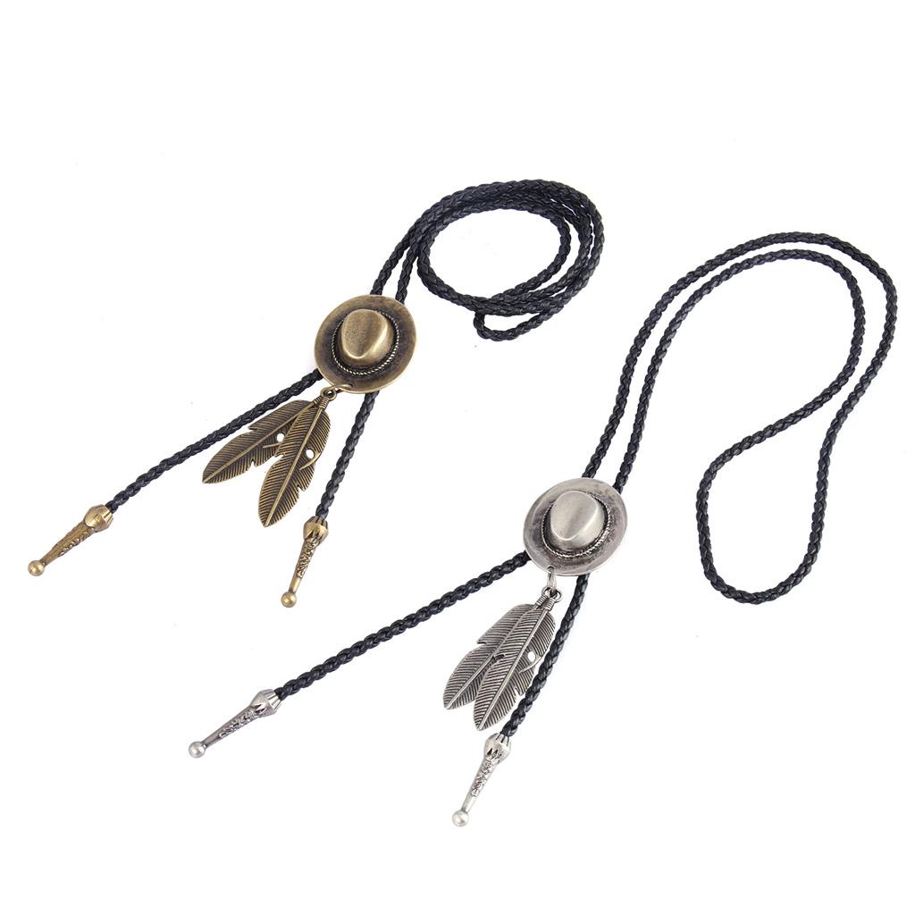 2 Pieces Black PU Leather Western Cowboy Rodeo Hat Bolo Tie Bola Necklace