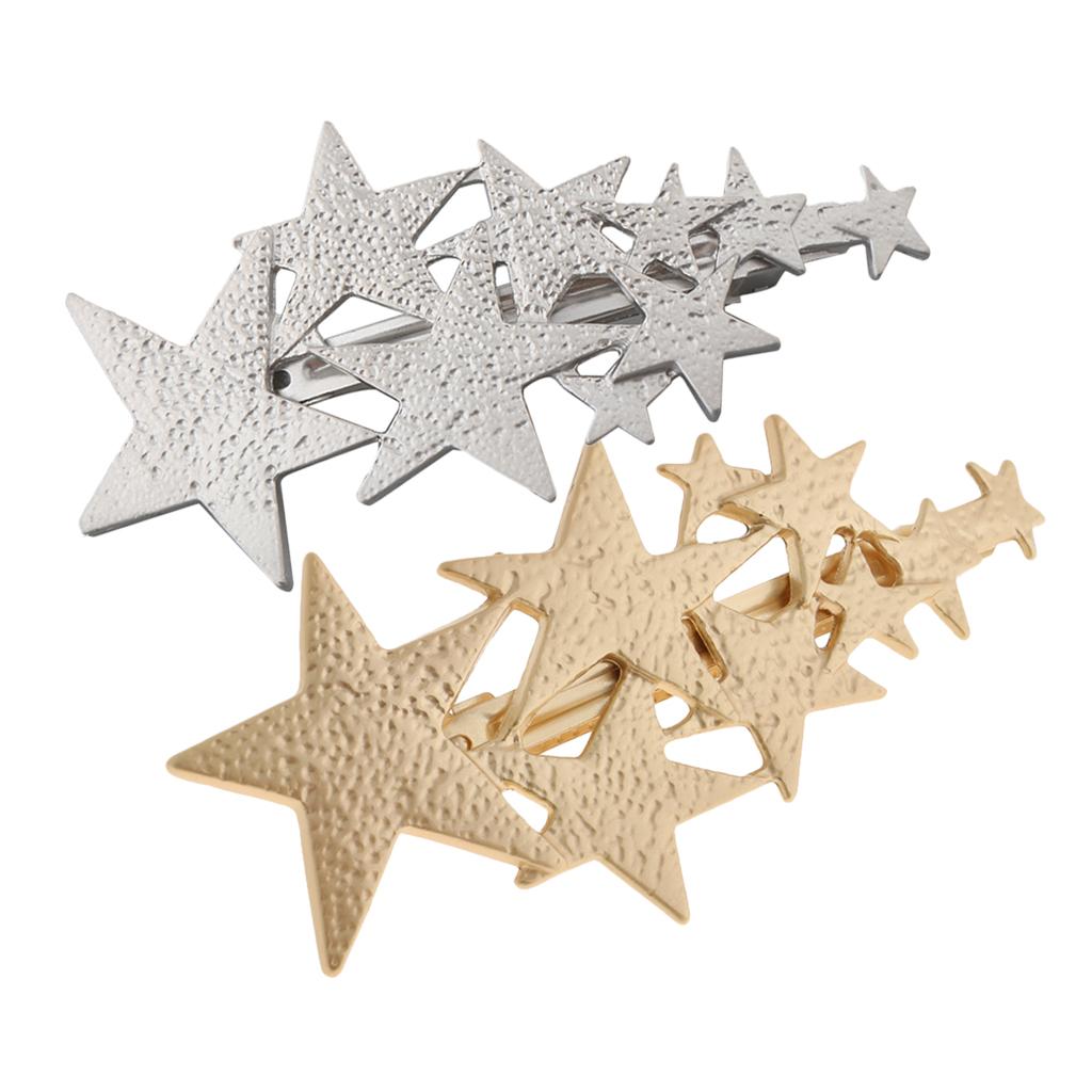 2Pcs Womens Brushed Metal French Star Clips Spring Barrettes Ponytail Holder