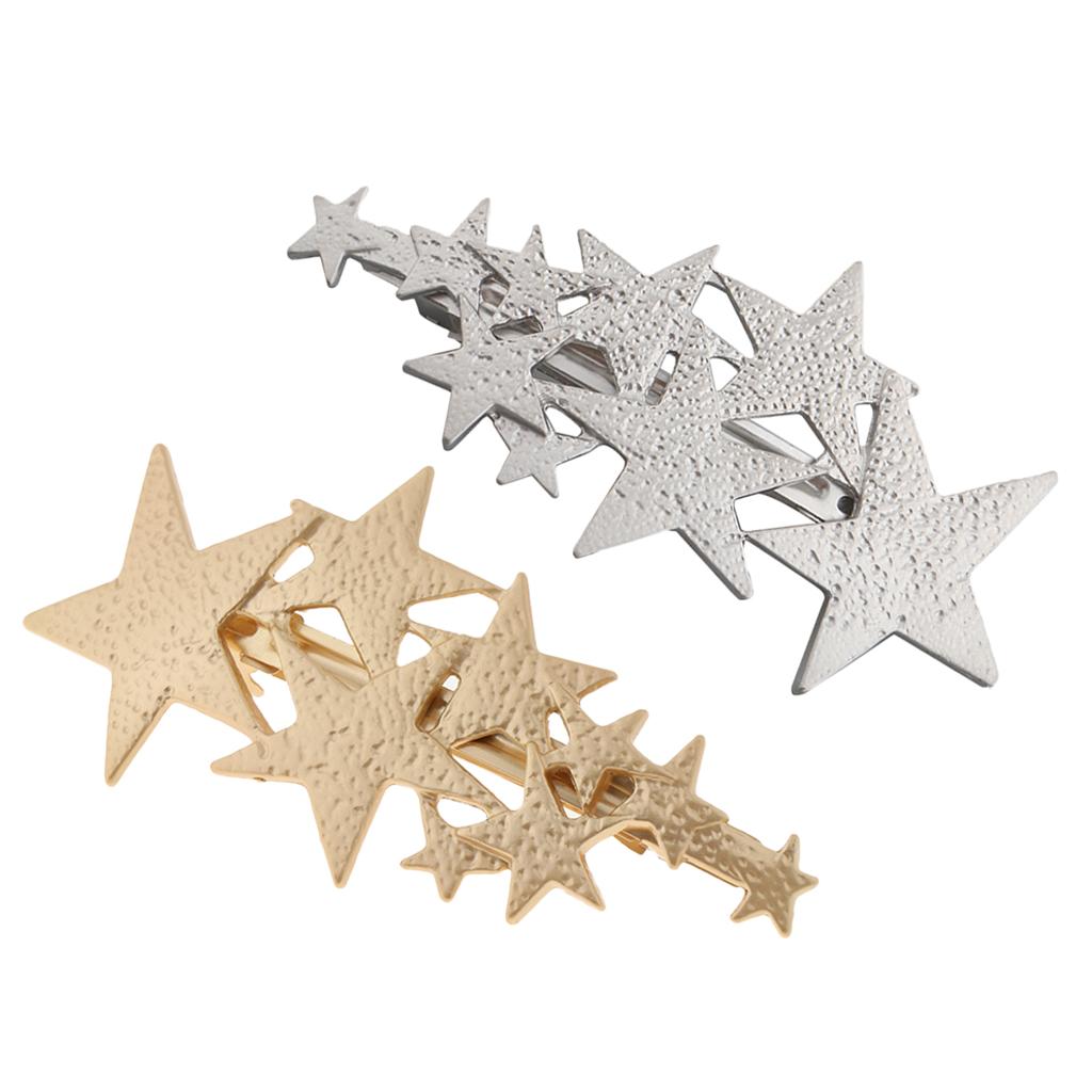 2Pcs Womens Brushed Metal French Star Clips Spring Barrettes Ponytail Holder