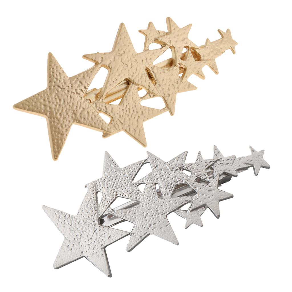 2Pcs Womens Brushed Metal French Star Clips Spring Barrettes Ponytail Holder