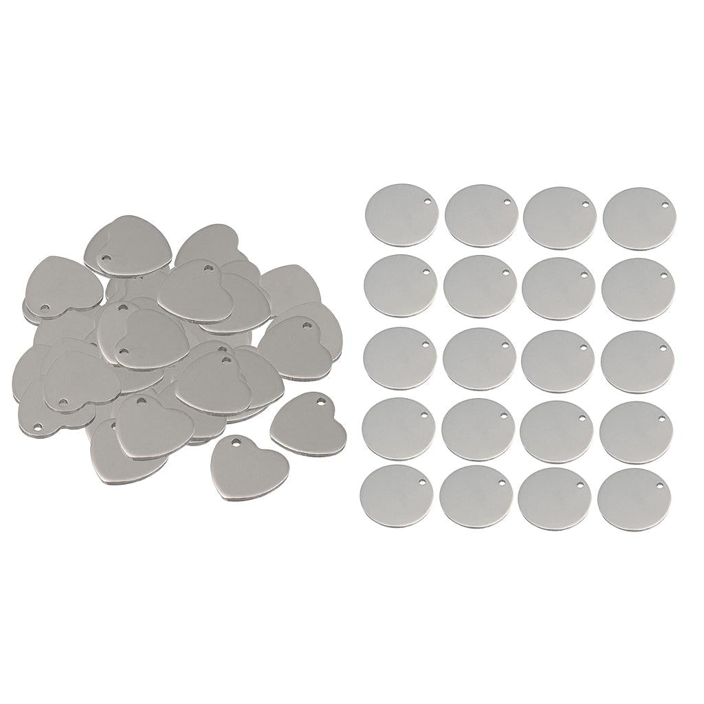 70x Metal Flat Heart Round Blank Stamping Charms Tag Pendant Jewelry Making