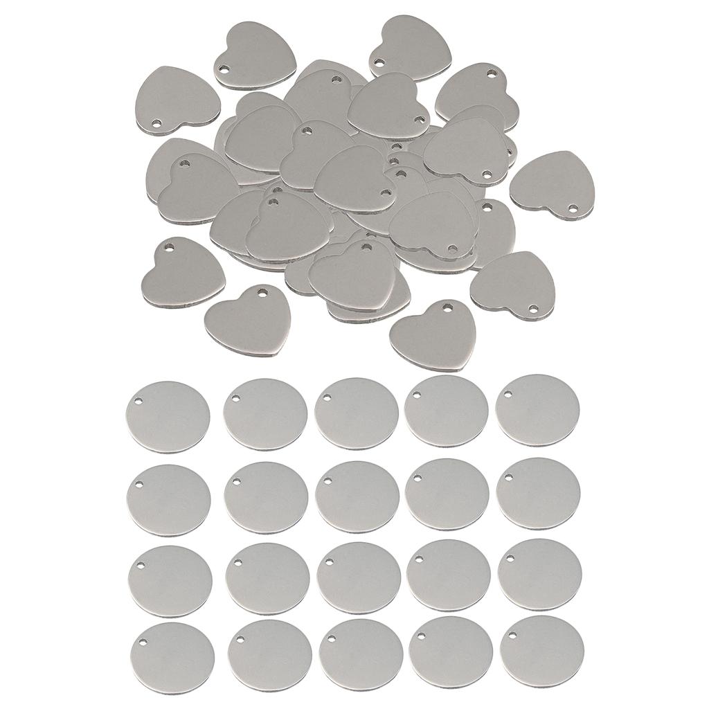 70x Metal Flat Heart Round Blank Stamping Charms Tag Pendant Jewelry Making