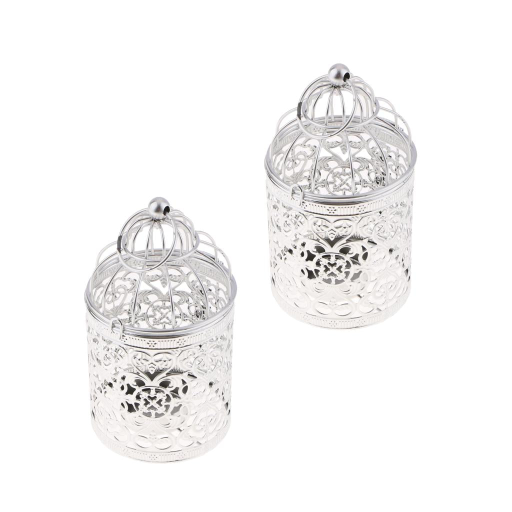 2xElectroplated Metal Birdcage Shape Tea Light Candle Holder Silver