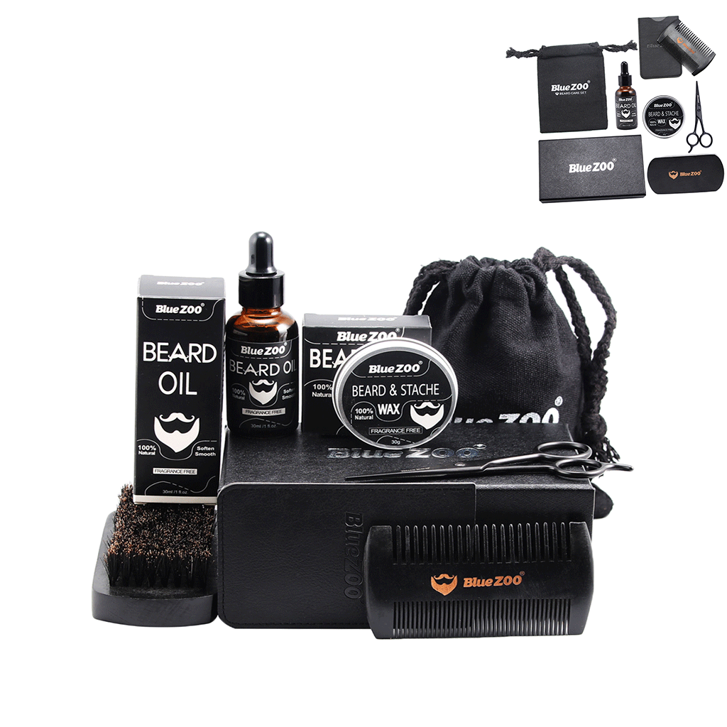 2 Set Men Grooming Kit Beard Balm Oil Wax Mustache Comb Brush Bag Scissors