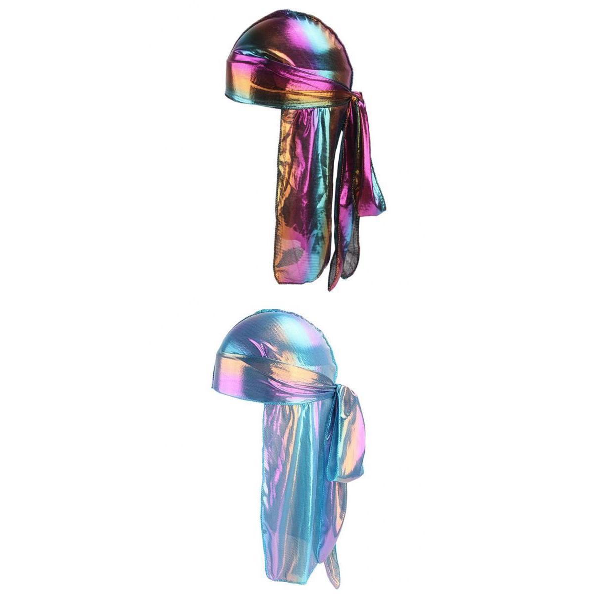 2 Pieces Shiny Rainbow Silky Chemo Scarf Cap Muslim Hat Durag Headwrap