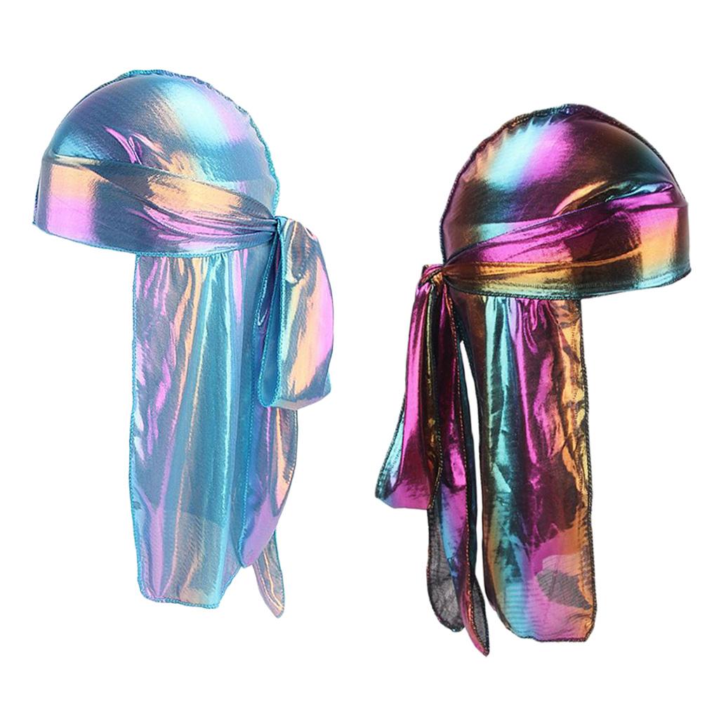 2 Pieces Shiny Rainbow Silky Chemo Scarf Cap Muslim Hat Durag Headwrap