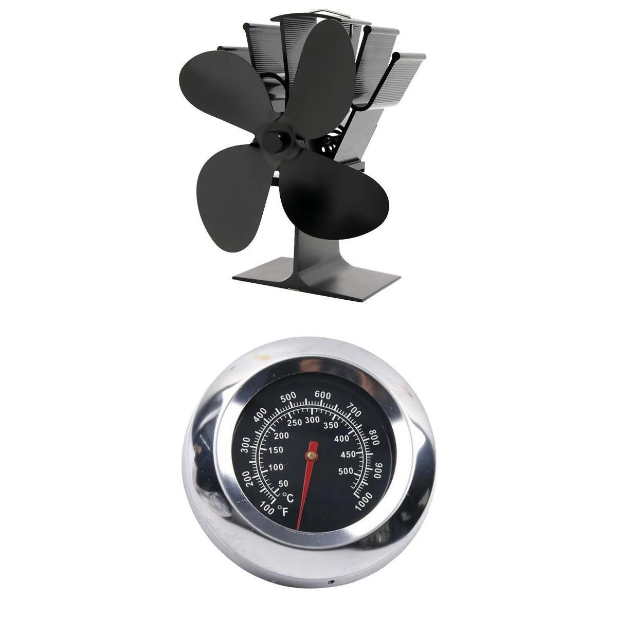 4-blade Heat Powered Stove Fan for Wood/Fireplace Black Thermometer