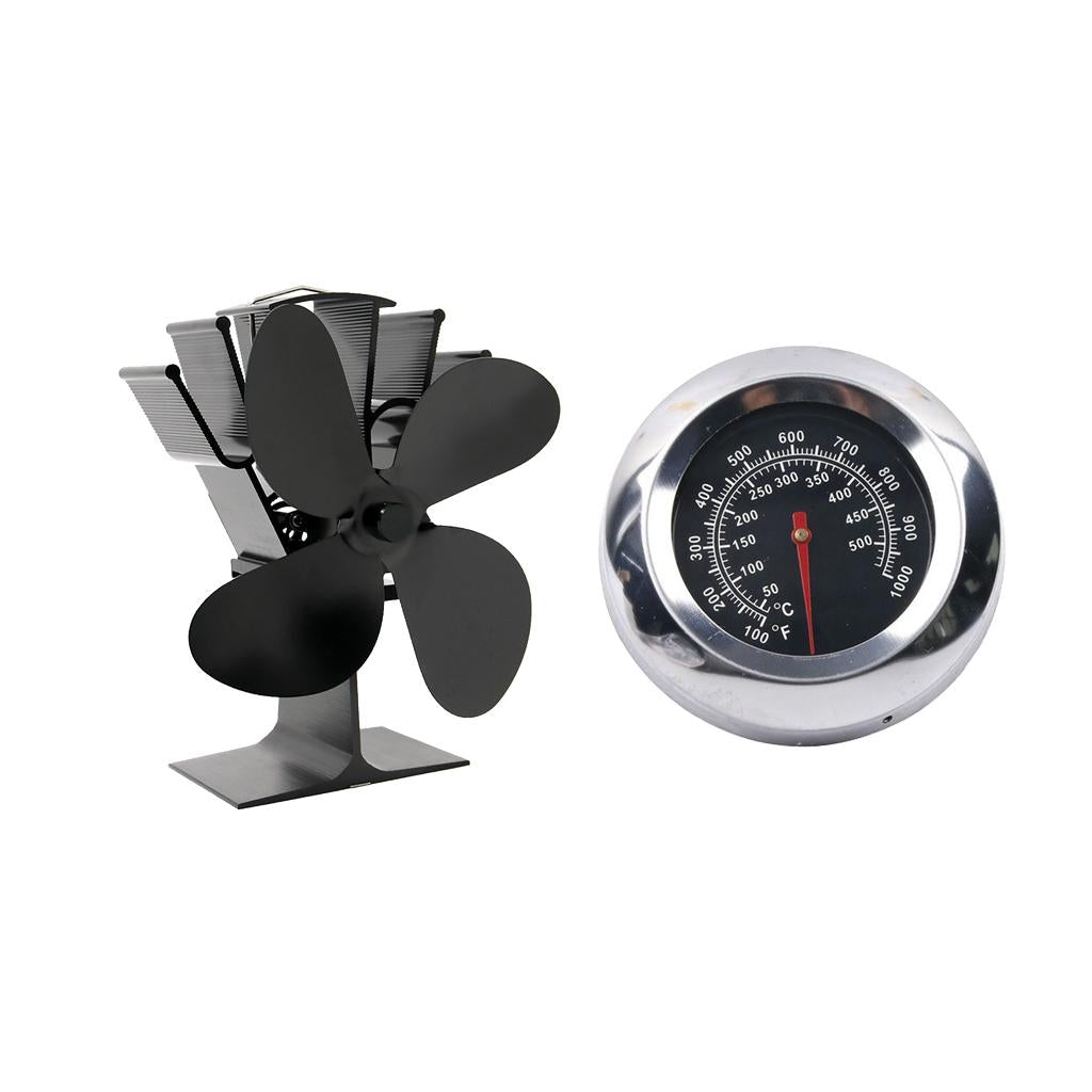 4-blade Heat Powered Stove Fan for Wood/Fireplace Black Thermometer