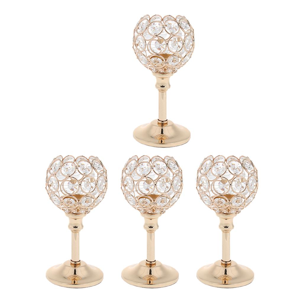 4Pcs Mosaic Crystal Candle Holder Tea Light Stand Candlestick Golden- S