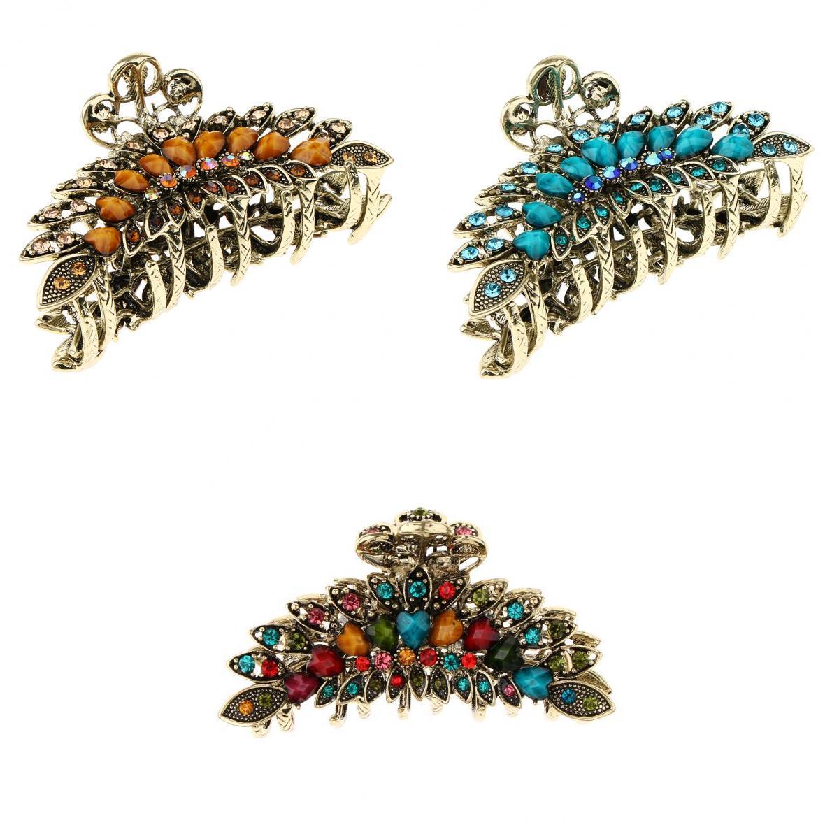 3 Pieces Women Large Hair Claw Jaw Clips Metal Rhinestones Crystal Hairpin