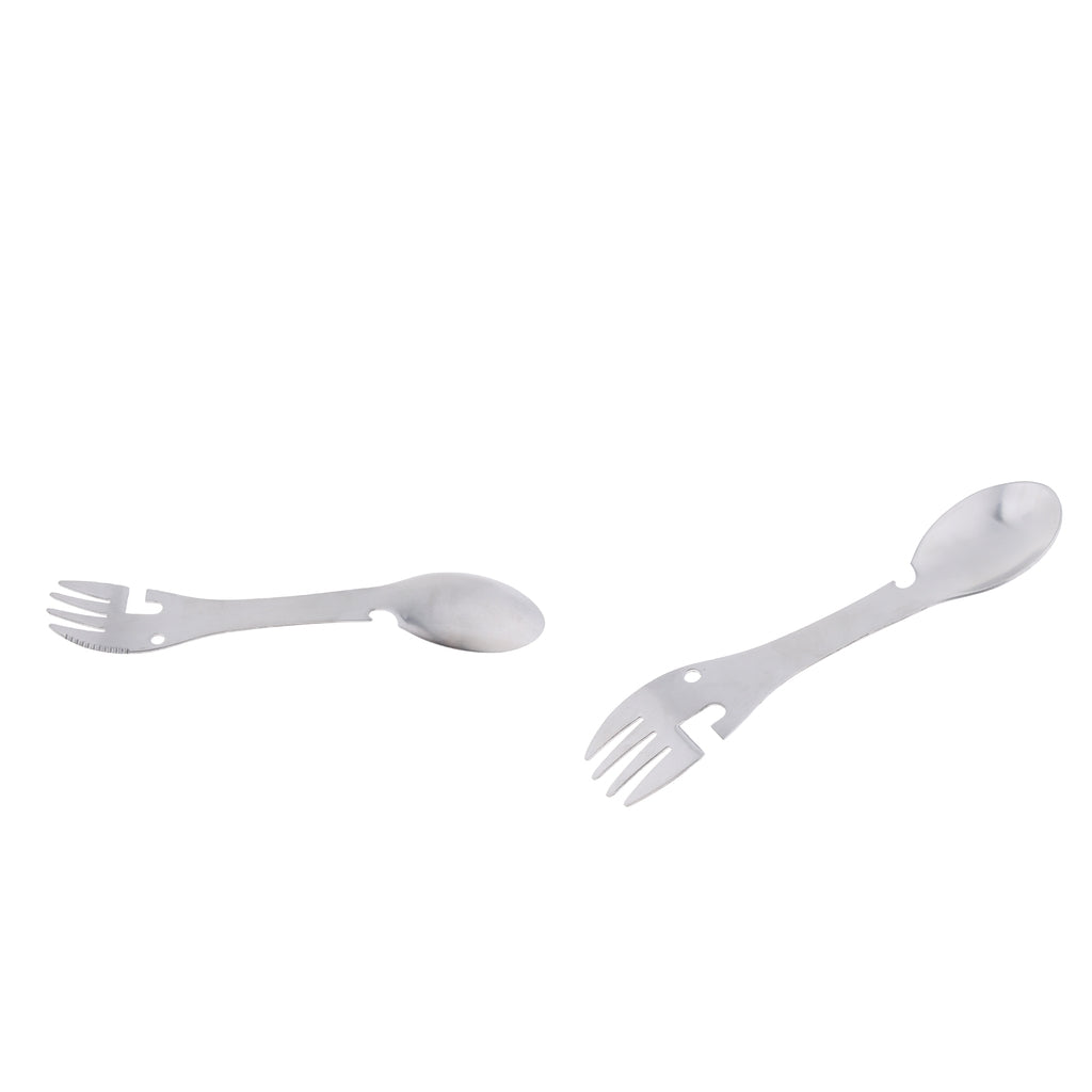 2pcs Multifunctional Camping Spoon Fork Combo Stainless Steel Silver Tone