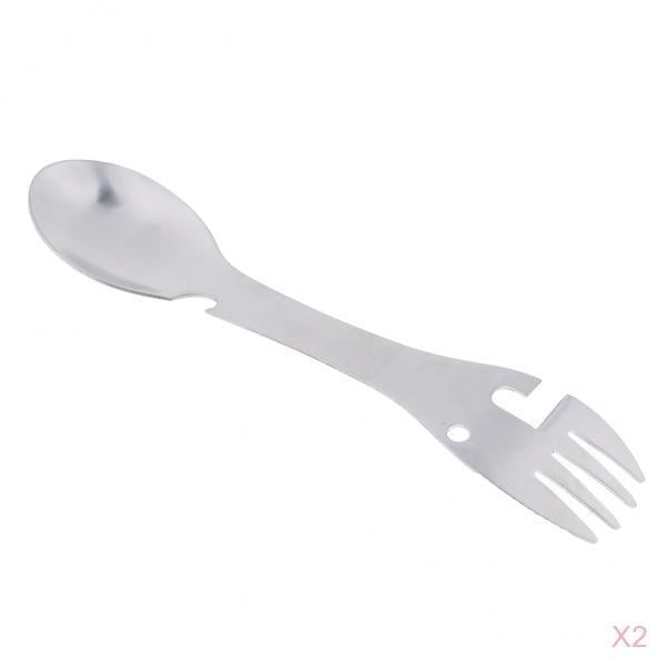 2pcs Multifunctional Camping Spoon Fork Combo Stainless Steel Silver Tone