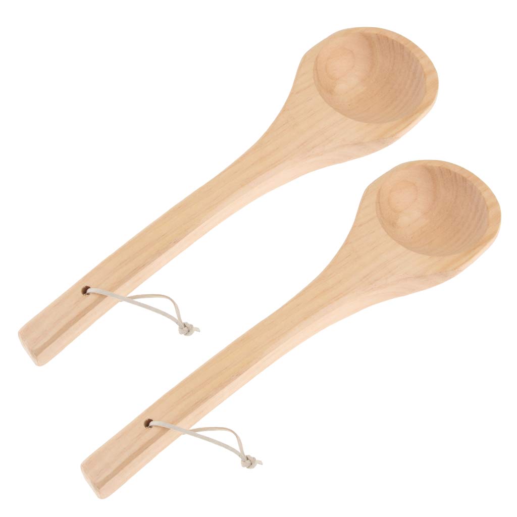 2Pcs Straight Long Handle Wooden Spoon Wooden Sauna Ladle Kitchen Soup Spoon