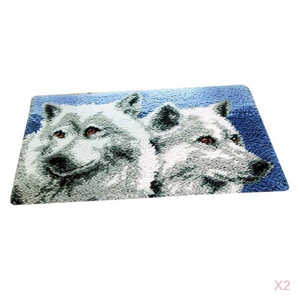 2 Sets Animal Pattern Latch Hook Rug Kits with Tools DIY Home Ornaments Wolf