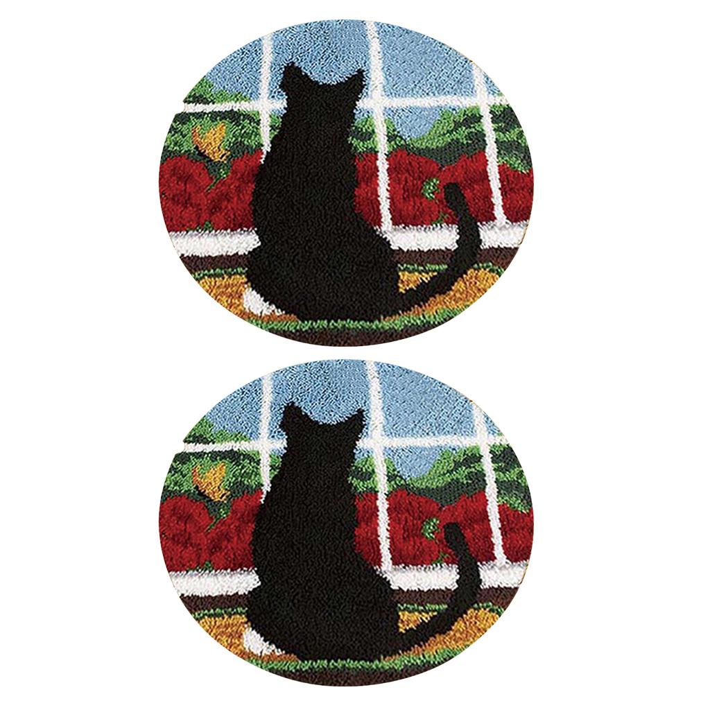 2 Sets Cat Animal Pattern Latch Hook Rug Kits with Tools DIY Home Ornaments