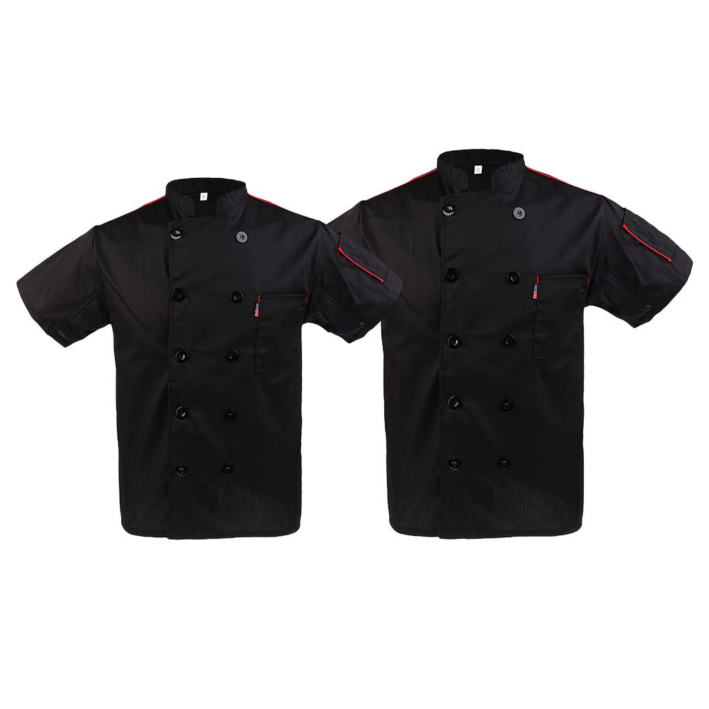 2Pcs Mens Chef Jacket Coat Short Sleeve Catering Uniform with Pocket Black