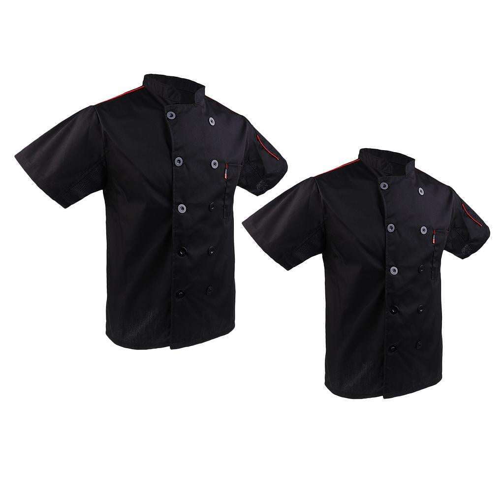 2Pcs Mens Chef Jacket Coat Short Sleeve Catering Uniform with Pocket Black