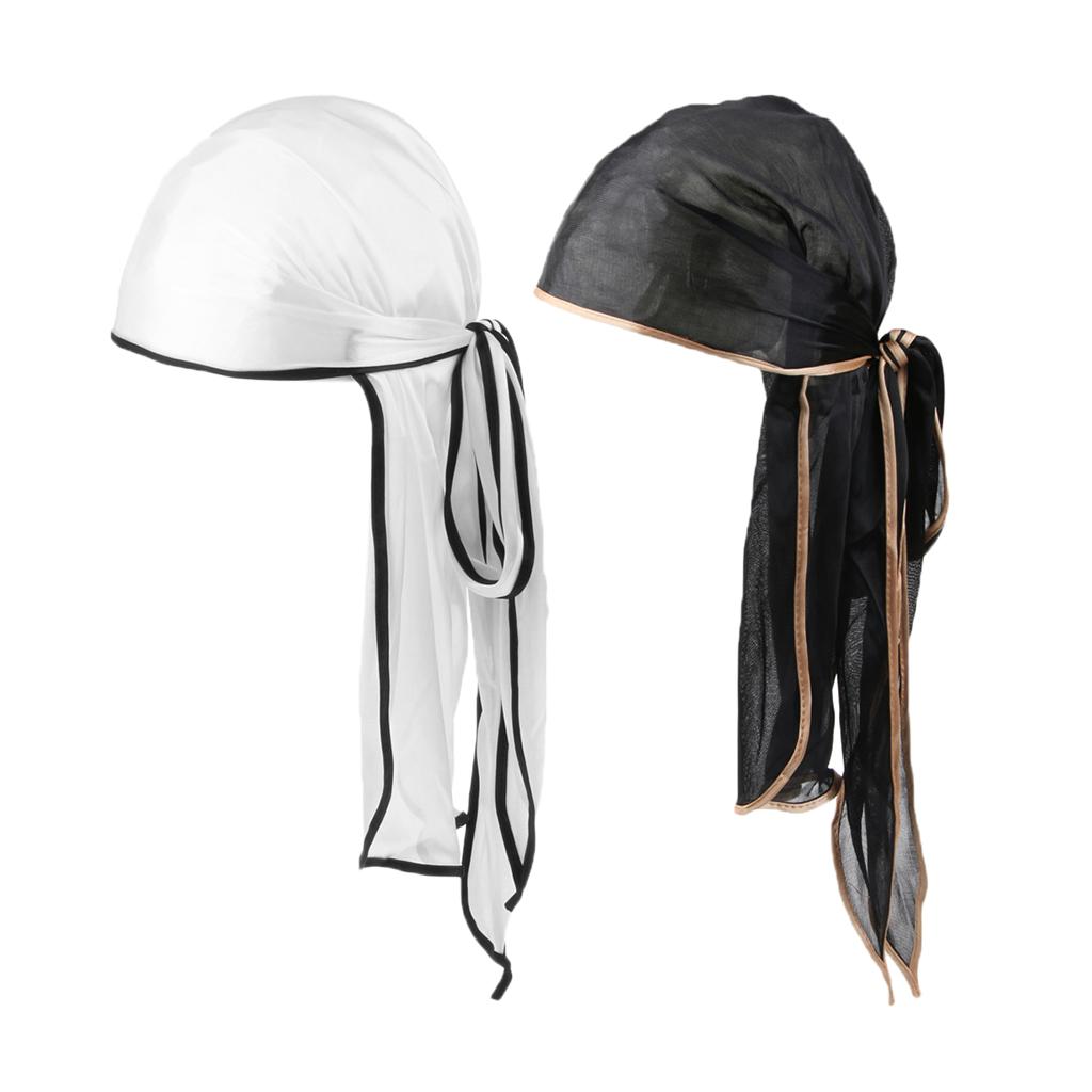 2Pack Unisex Bandana Hat Silky Durag Long Tail Headwrap Biker Chemo Cap