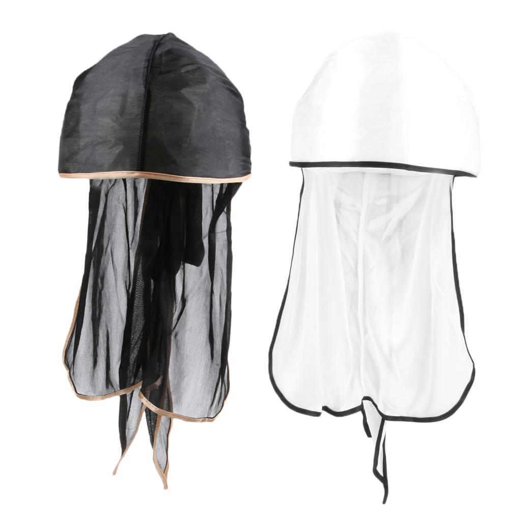 2Pack Unisex Bandana Hat Silky Durag Long Tail Headwrap Biker Chemo Cap