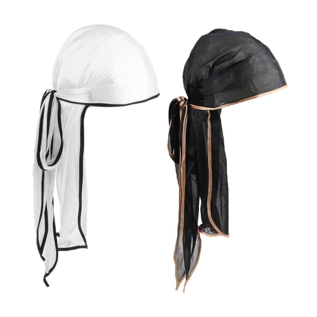 2Pack Unisex Bandana Hat Silky Durag Long Tail Headwrap Biker Chemo Cap