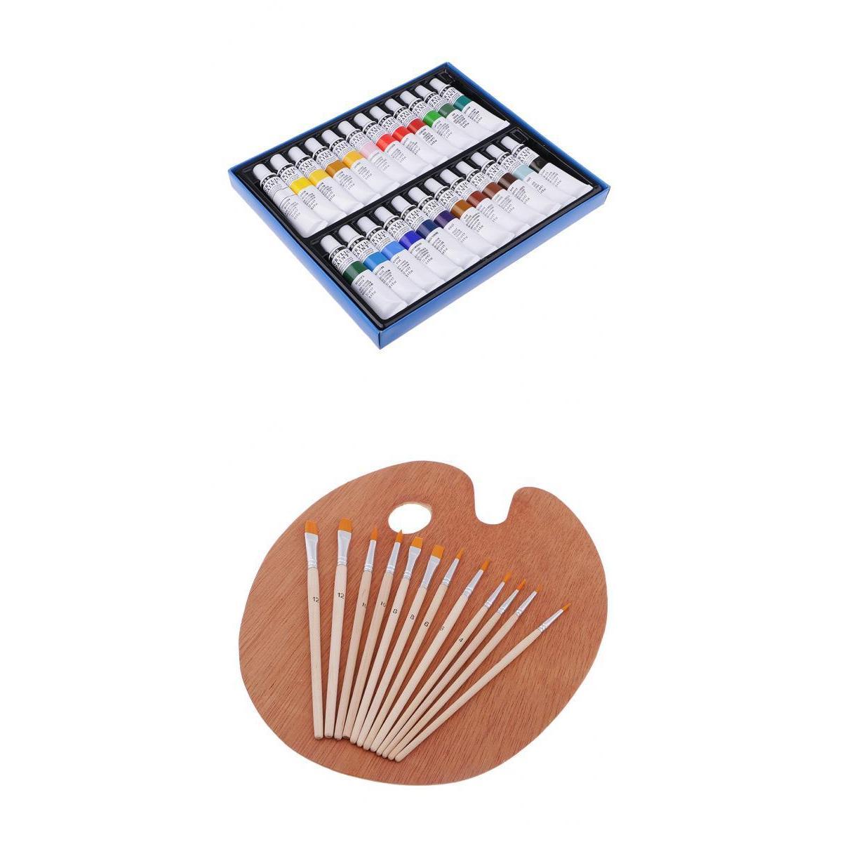 24 Colors Tube Acrylic Paints Pigment + 12x Painting Brush + Wooden Palette