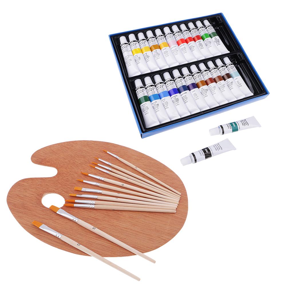 24 Colors Tube Acrylic Paints Pigment + 12x Painting Brush + Wooden Palette