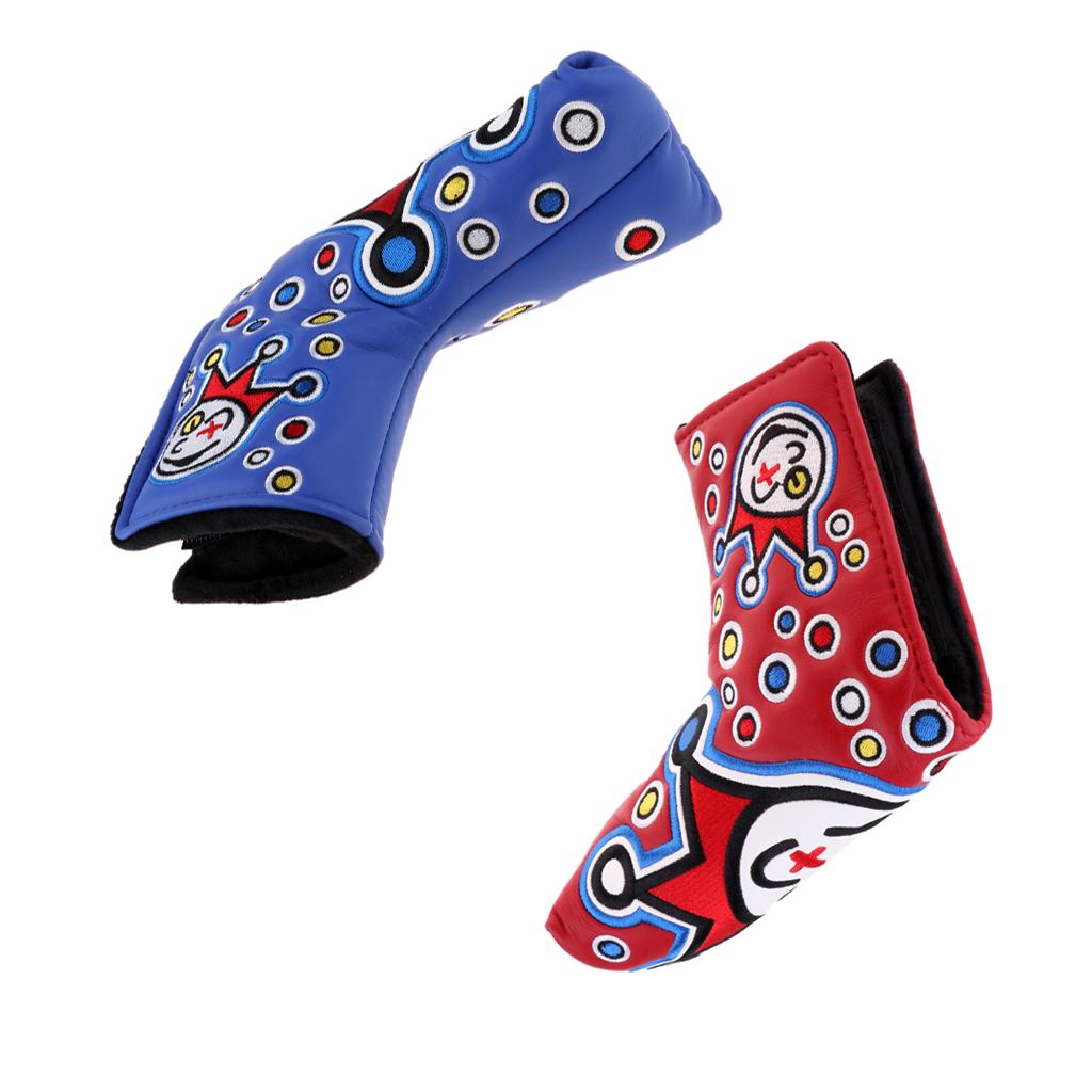 2 Pieces PU Leather Waterproof Embroidery Golf Putter Headcovers Blue+Red