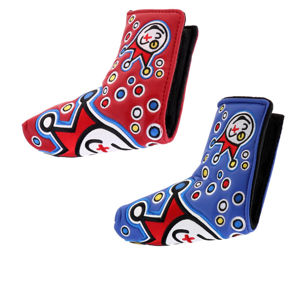 2 Pieces PU Leather Waterproof Embroidery Golf Putter Headcovers Blue+Red