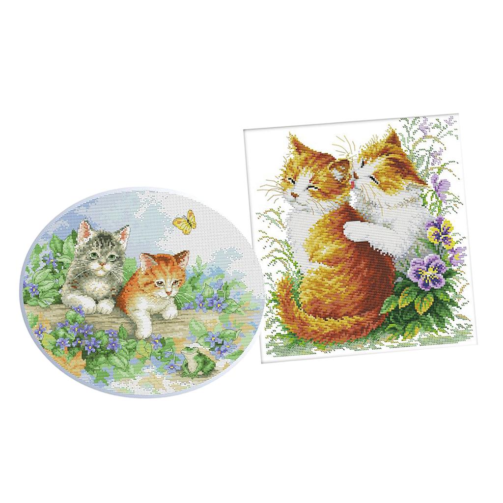 2 Set Stamped Cross Stitch Kits Embroidery Cloth DIY Needle Crafts - Two Cat