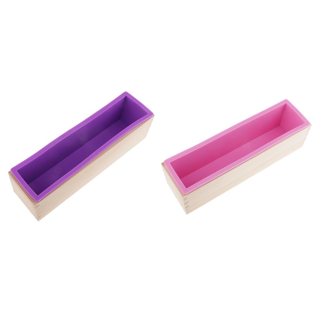2x Rectangle Silicone Soap Loaf Mold with Wooden Box DIY Mould 900ml 2 color