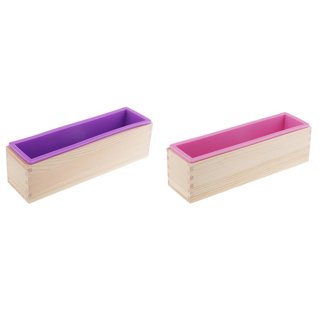 2x Rectangle Silicone Soap Loaf Mold with Wooden Box DIY Mould 900ml 2 color