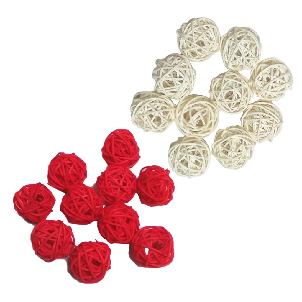 20pcs 3cm Wicker Rattan Balls Xmas Wedding Party Decorative Crafts white+red