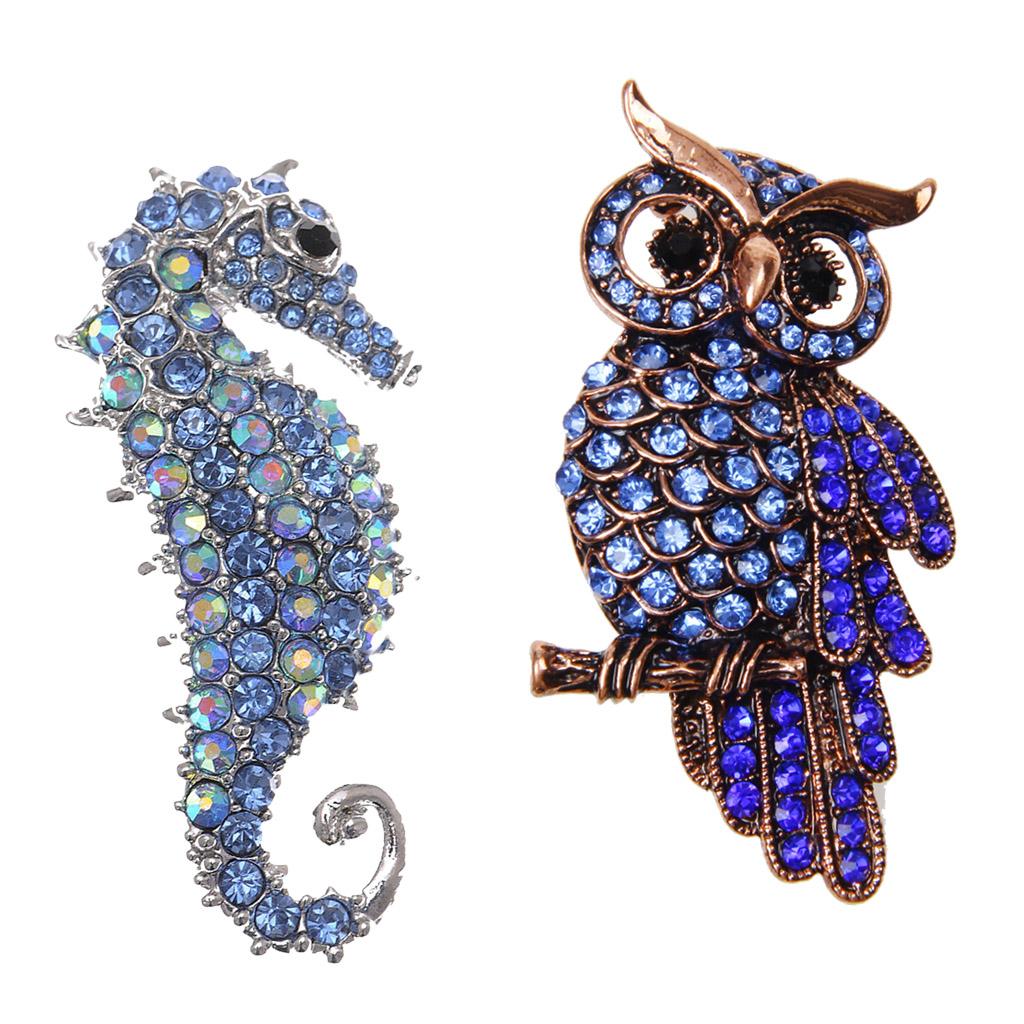 2pcs Crystal Rhinestone Seahorse And Owl Pins Animal Brooches For Men Women