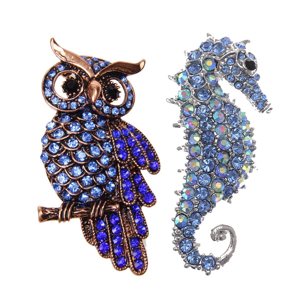 2pcs Crystal Rhinestone Seahorse And Owl Pins Animal Brooches For Men Women