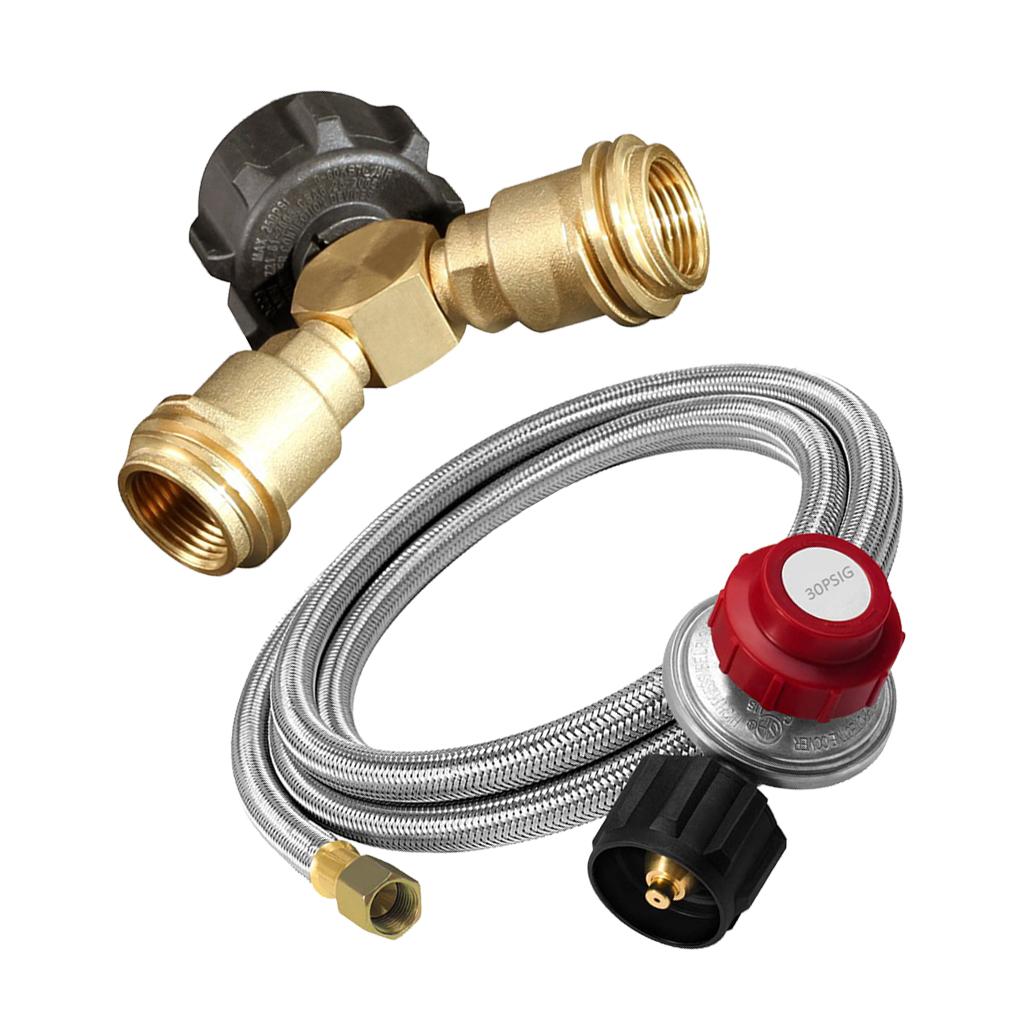 3-Way Propane Y Splitter LP Valve Adapter with Stainless Regulator 4ft Hose