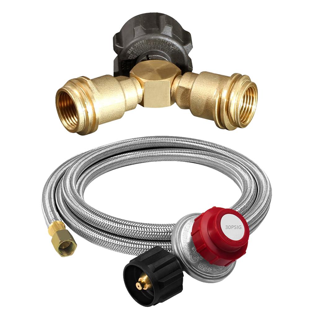 3-Way Propane Y Splitter LP Valve Adapter with Stainless Regulator 4ft Hose