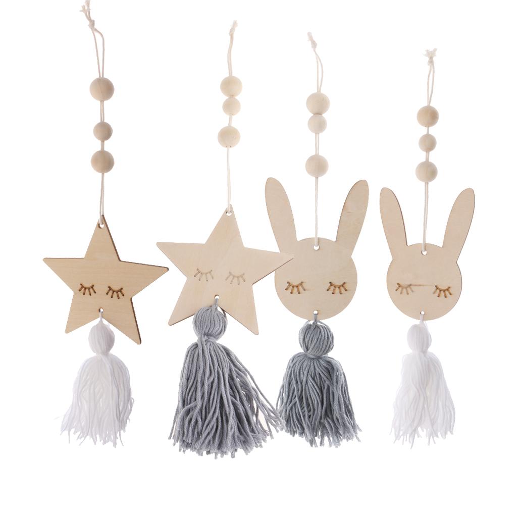 4Pcs Nordic Wooden Beads Tassel Pendant Girls Wall Hanging Ornament