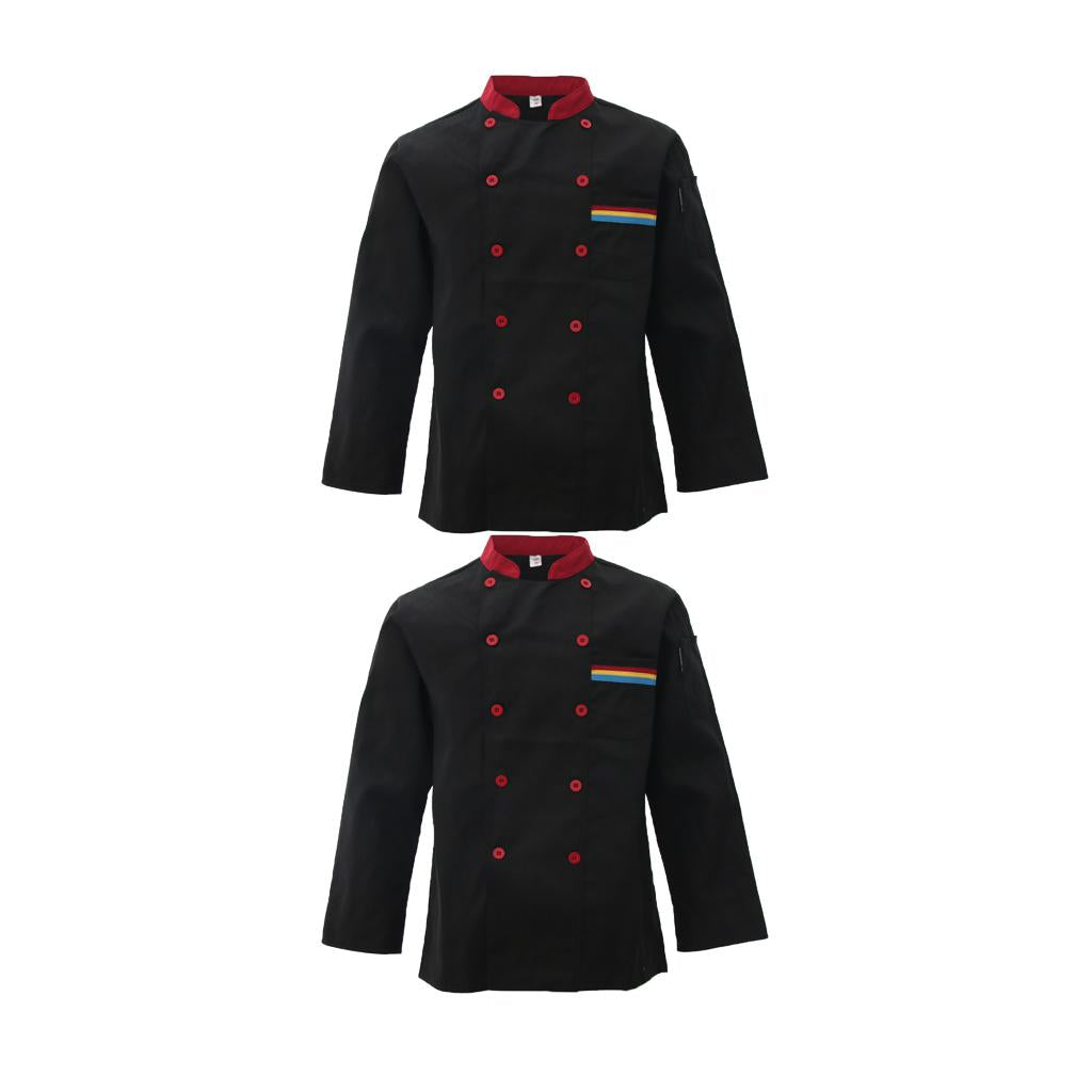 2xUnisex Chef's Uniform Long Sleeve Double-Breasted Men's Chef Coat Black L
