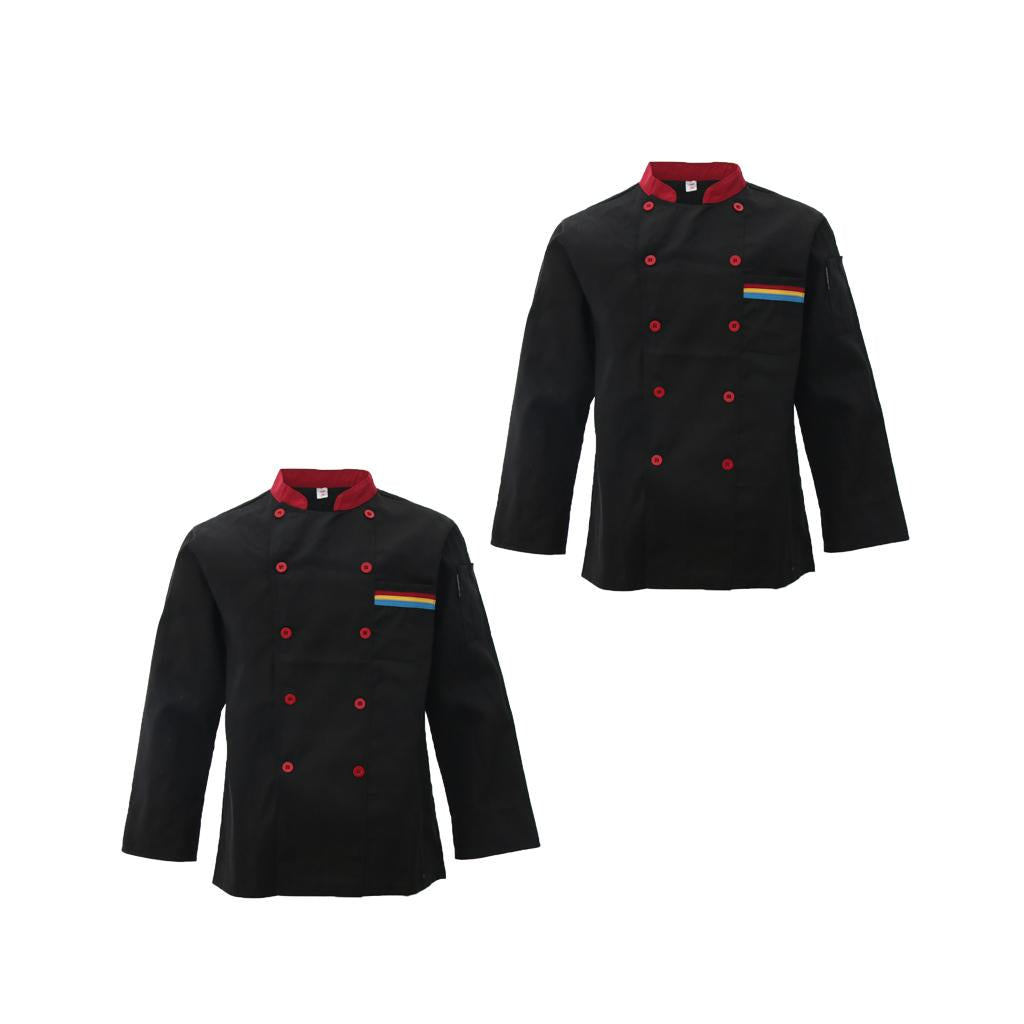 2xUnisex Chef's Uniform Long Sleeve Double-Breasted Men's Chef Coat Black L