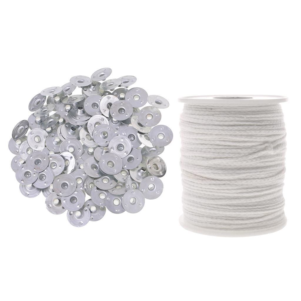 200Pcs Metal Candle Wick Sustainers Tabs Base & 1 Roll Candle Making Wicks