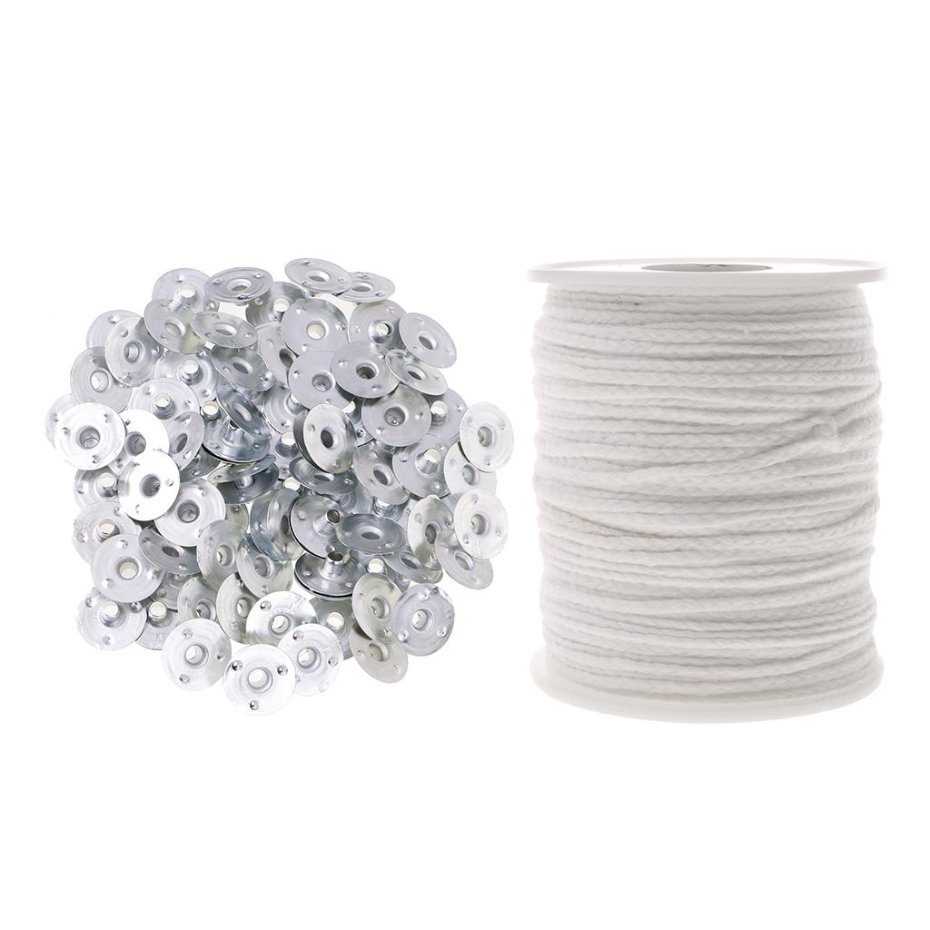 200Pcs Metal Candle Wick Sustainers Tabs Base & 1 Roll Candle Making Wicks