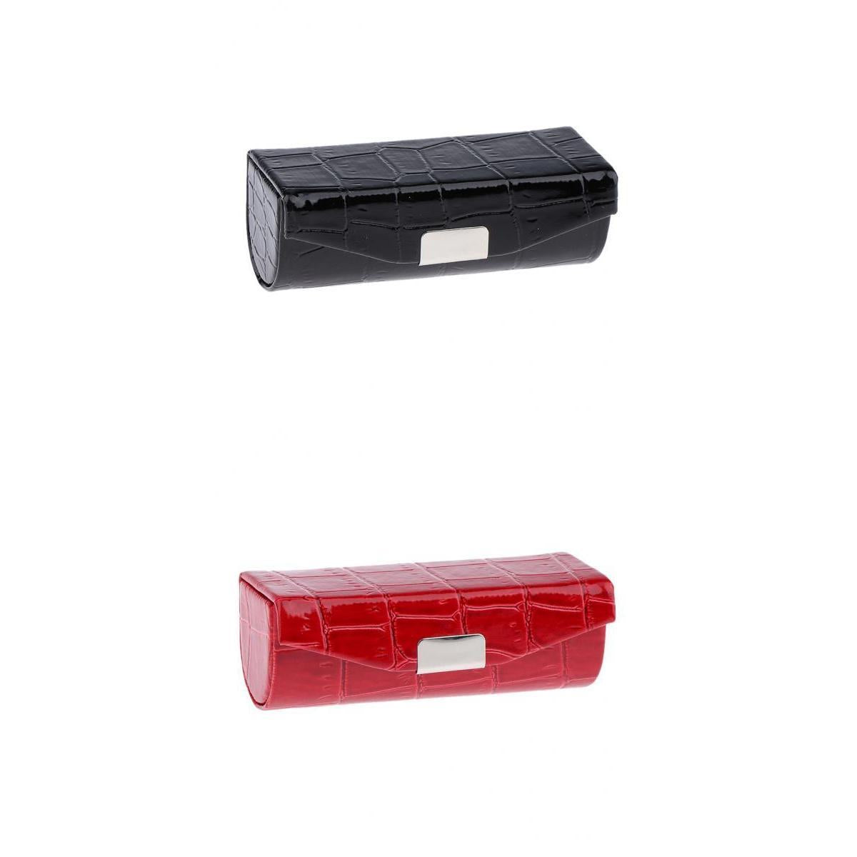 2x Leather Lipstick Case Holder Storage Box with Mirror for Purse Black/Red