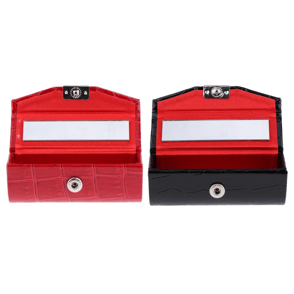 2x Leather Lipstick Case Holder Storage Box with Mirror for Purse Black/Red