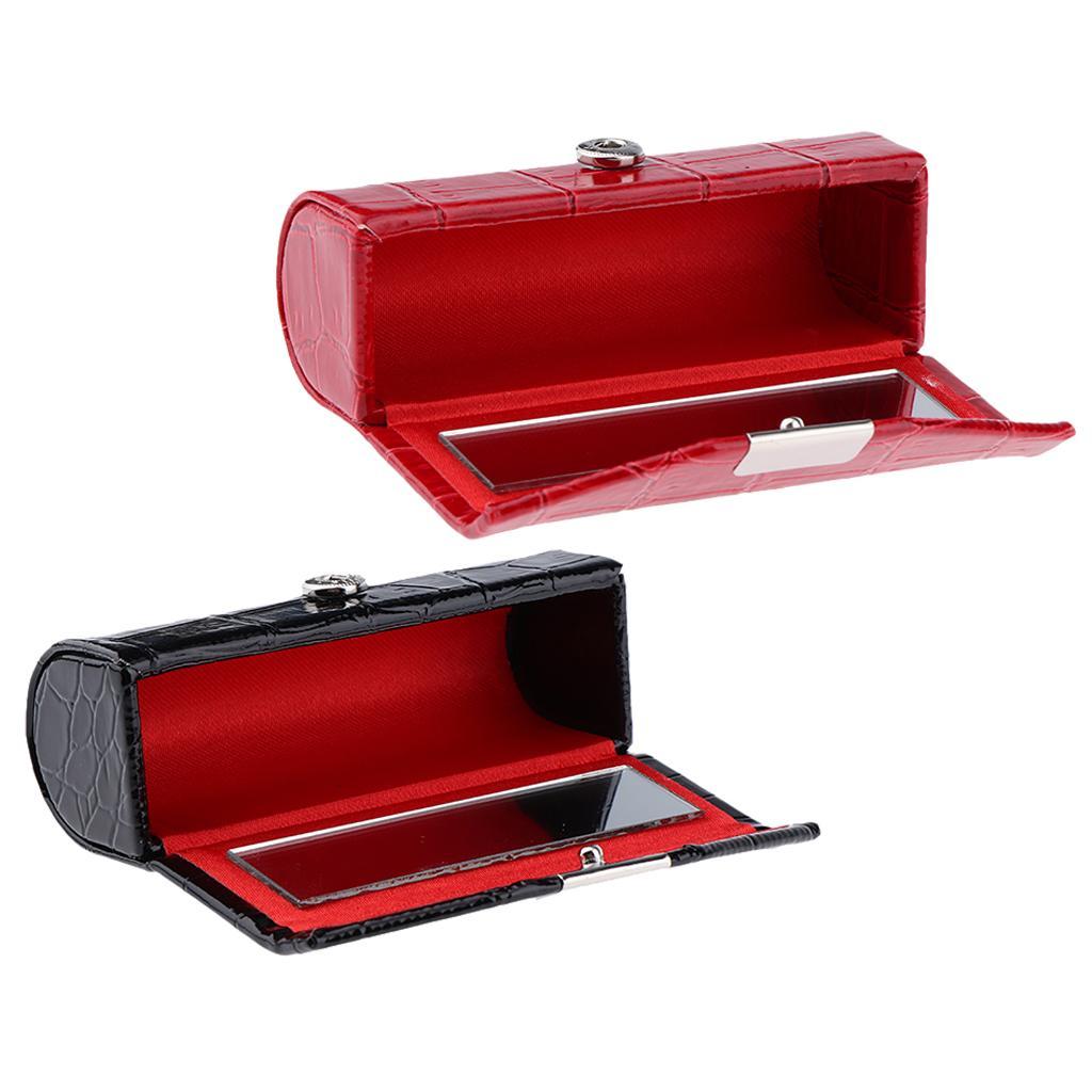 2x Leather Lipstick Case Holder Storage Box with Mirror for Purse Black/Red